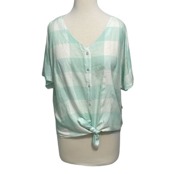 Style & Co. Gingham Tie Front Short Sleeve Button Up Linen Top Mint White Medium - Picture 2 of 12